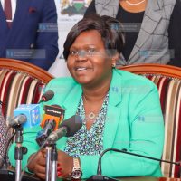 Homa Bay County Governor Gladys Wanga addressing journalists