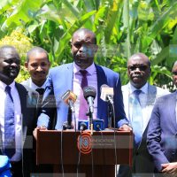 Edwin Sifuna flanked by ODM members of parliament address the media