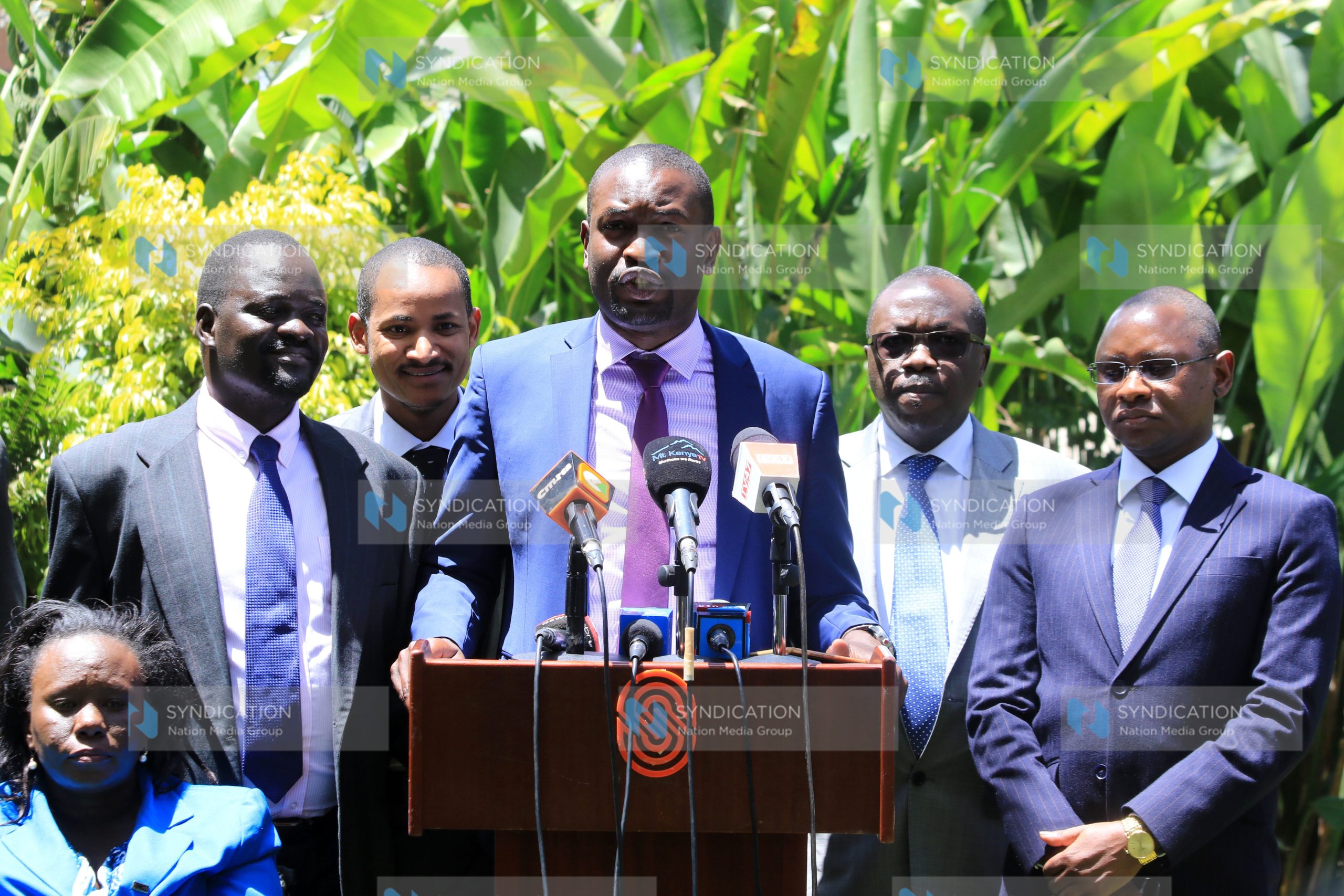Edwin Sifuna flanked by ODM members of parliament address the media