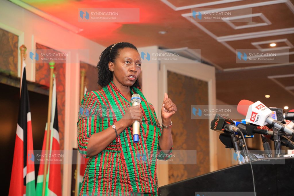 Martha Karua making her address after signing OKA coalition agreement