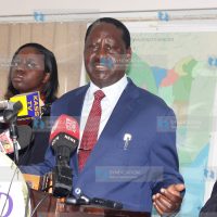 Raila Odinga addresses a press briefing at his Capitol Hill office
