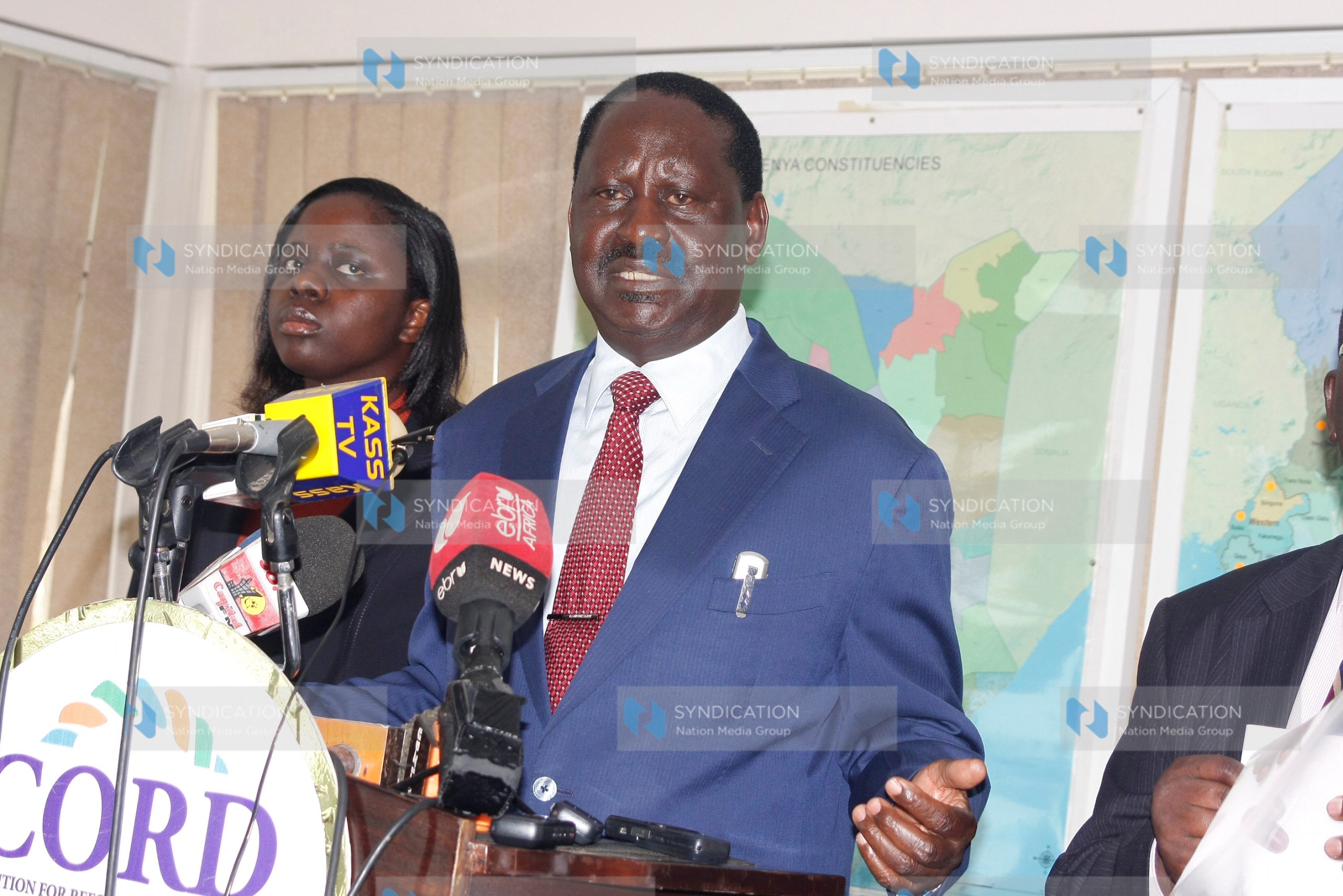 Raila Odinga addresses a press briefing at his Capitol Hill office