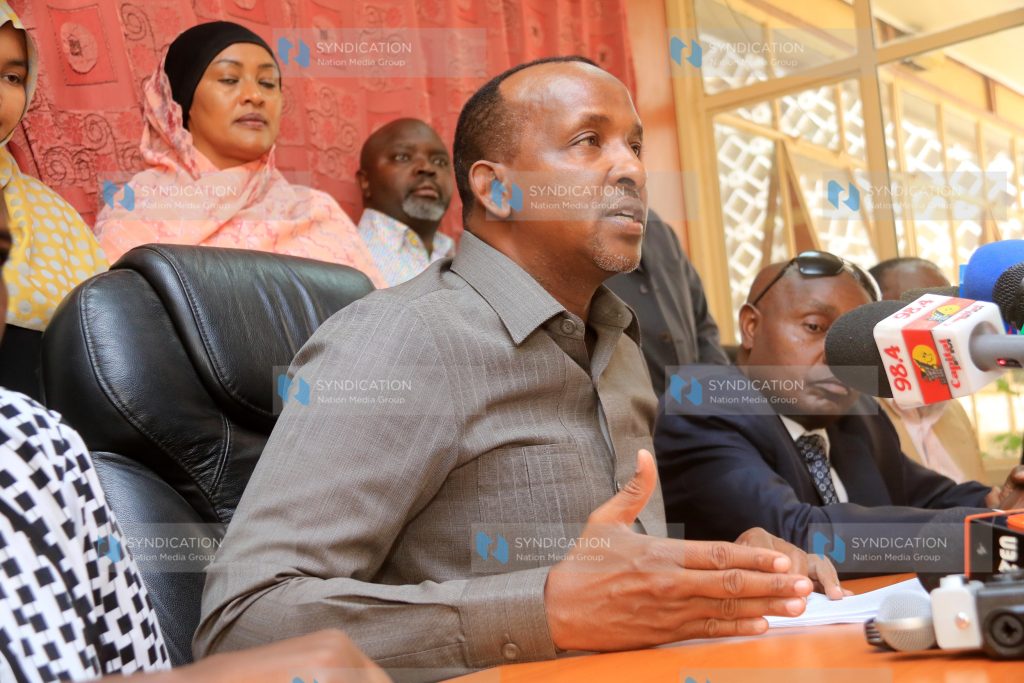 Garissa Township MP Aden Duale address the media