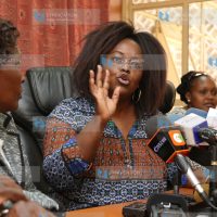 Mbita MP Millie Odhiambo address the press at Parliament buildings