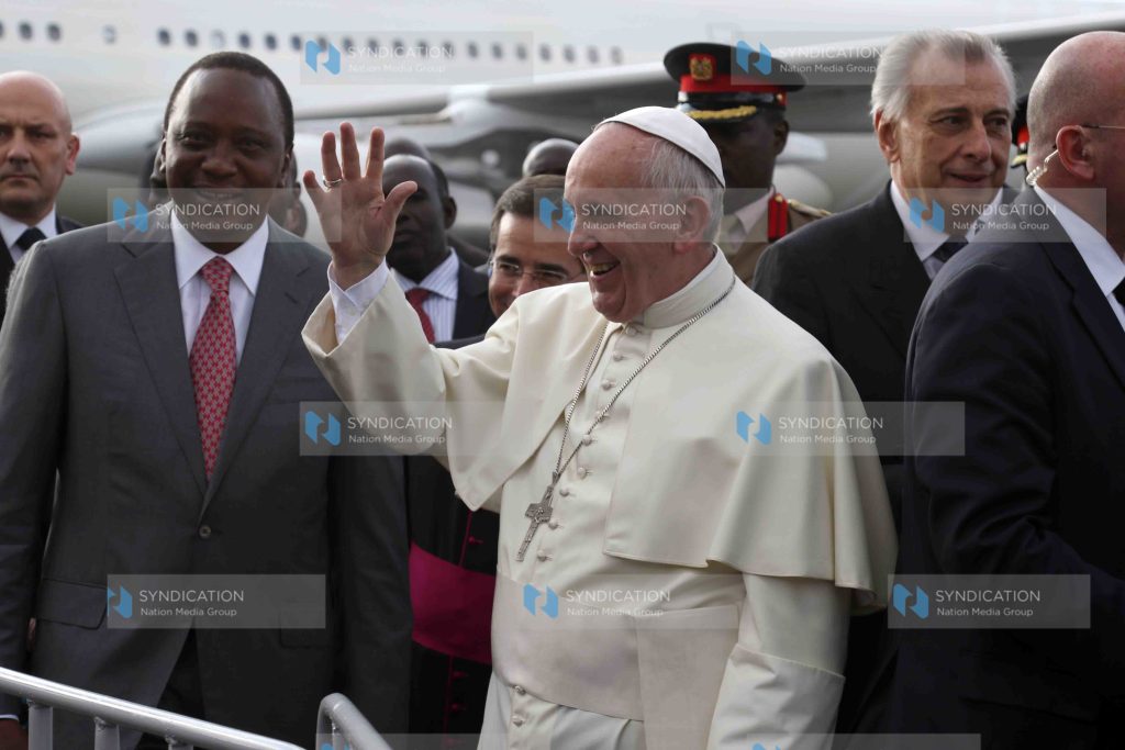 Dancers entertain Pope Francis when he arrived at Jomo Kenyatta International Airport