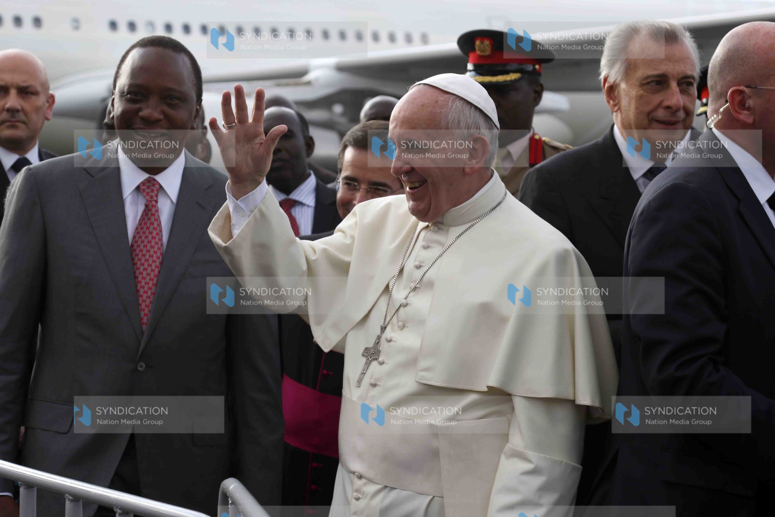 Dancers entertain Pope Francis when he arrived at Jomo Kenyatta International Airport