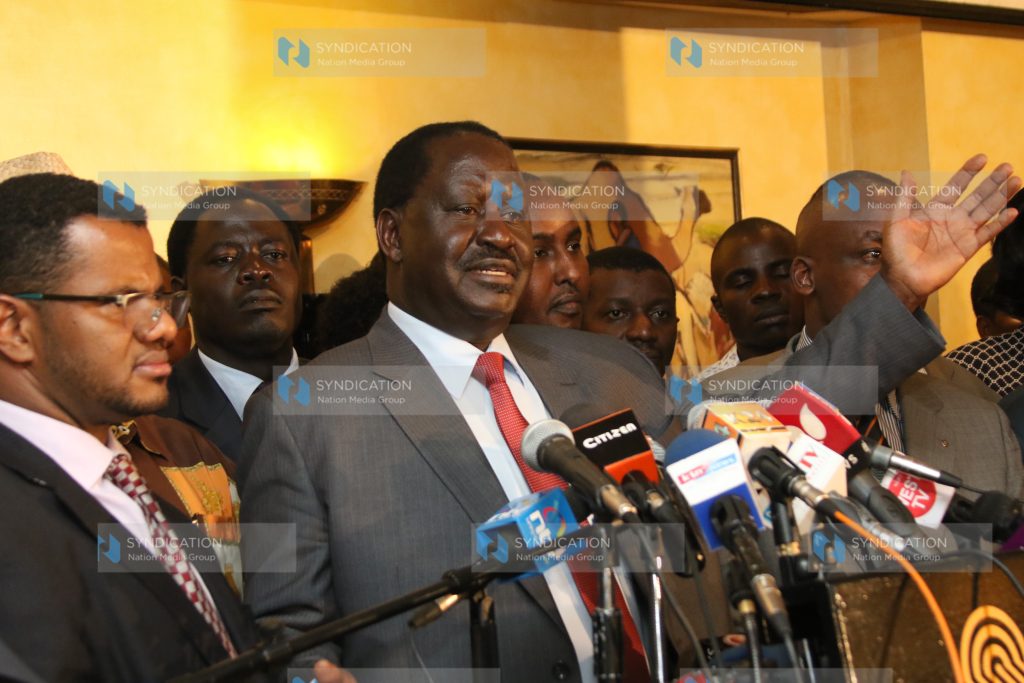 CORD leader Raila Odinga addresses a press conference