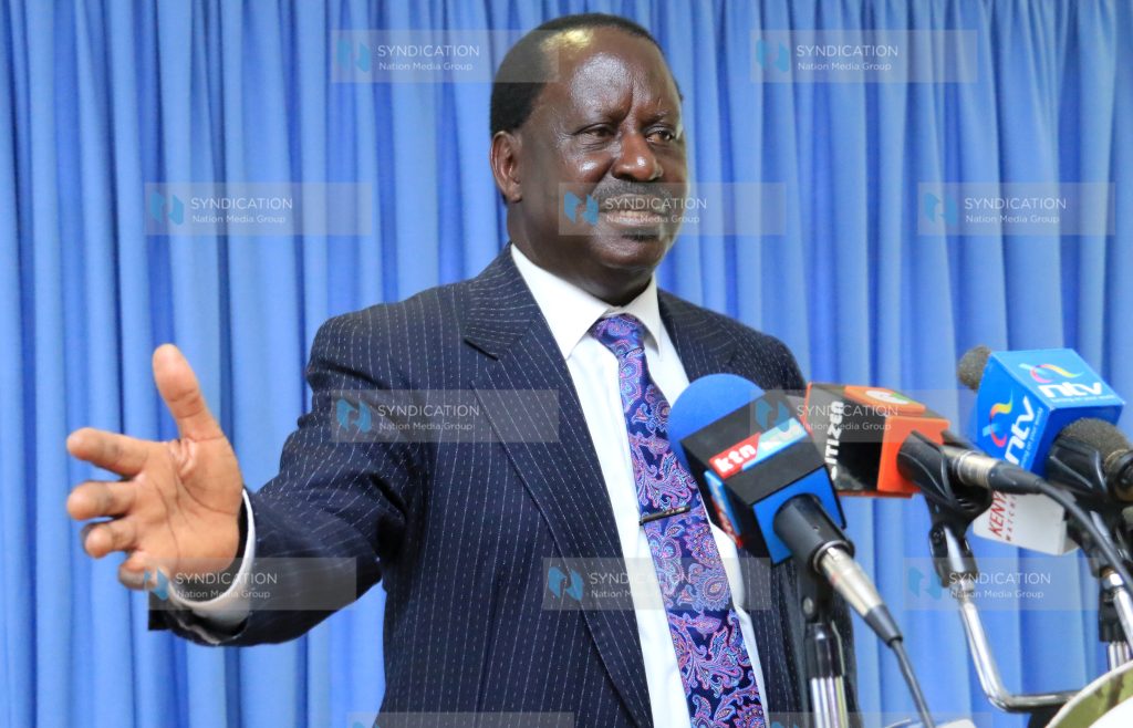 Former Prime Minister Raila Odinga speaks at a press conference