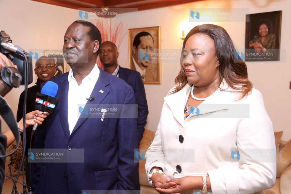 Raila Odinga and his wife Ida Odinga address the media at their Karen home
