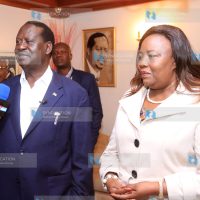 Raila Odinga and his wife Ida Odinga address the media at their Karen home
