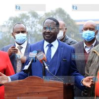 ODM leader Raila Odinga addressing the media at his Capitol Hill office