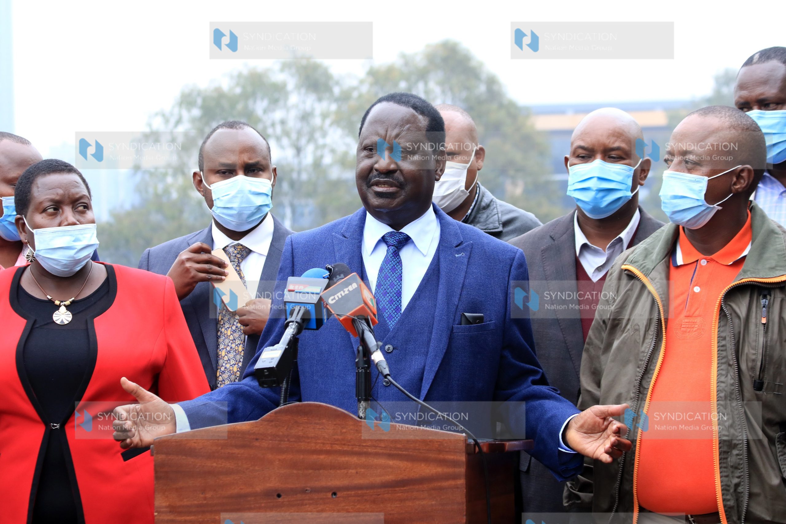 ODM leader Raila Odinga addressing the media at his Capitol Hill office