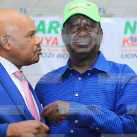 Raila Odinga shares a word with Azimio la Umoja Spokesperson Prof. Raila Odinga