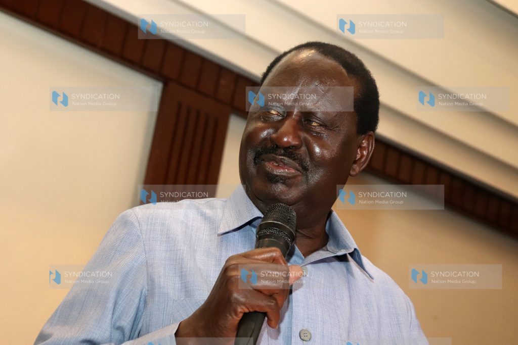 ODM leader Raila Odinga making his address at a Nairobi hotel