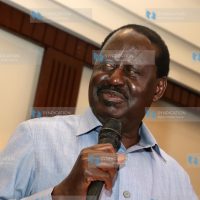 ODM leader Raila Odinga making his address at a Nairobi hotel