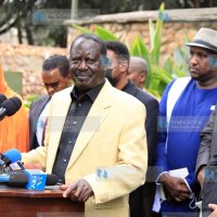 ODM leader Raila Odinga addresses the press at Serena Hotel