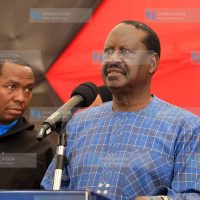 Azimio La Umoja Coalition Leader Raila Odinga addresses the media