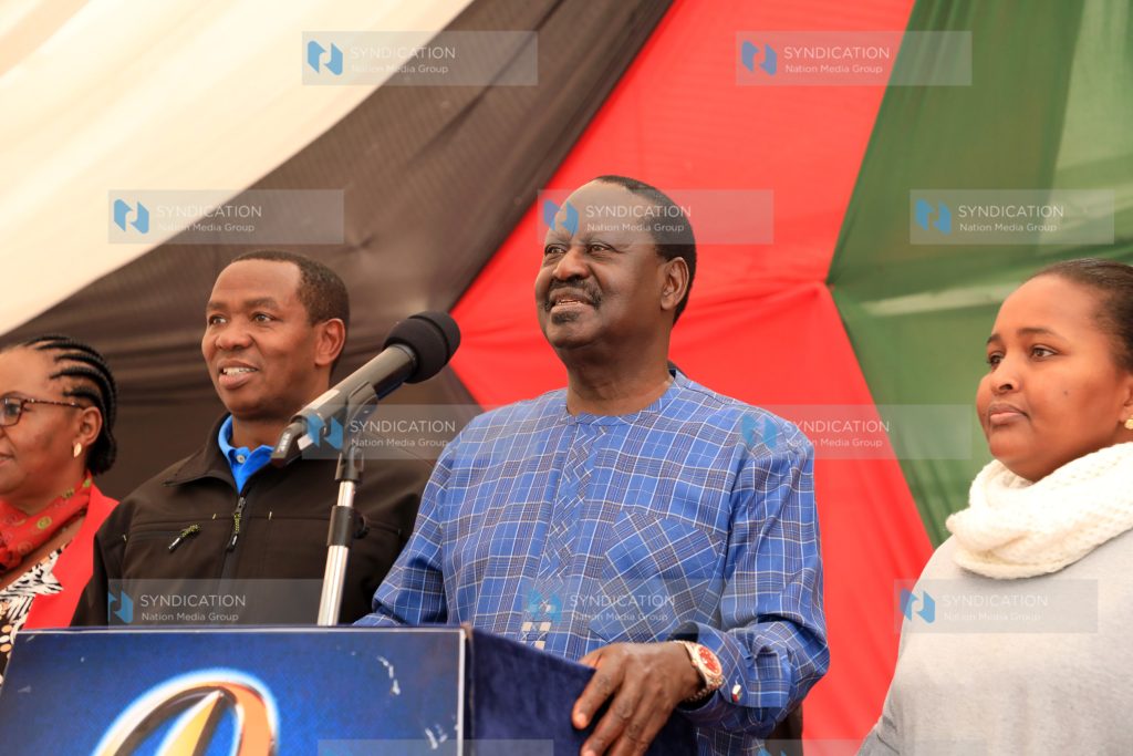 Azimio La Umoja Coalition Leader Raila Odinga addresses the media