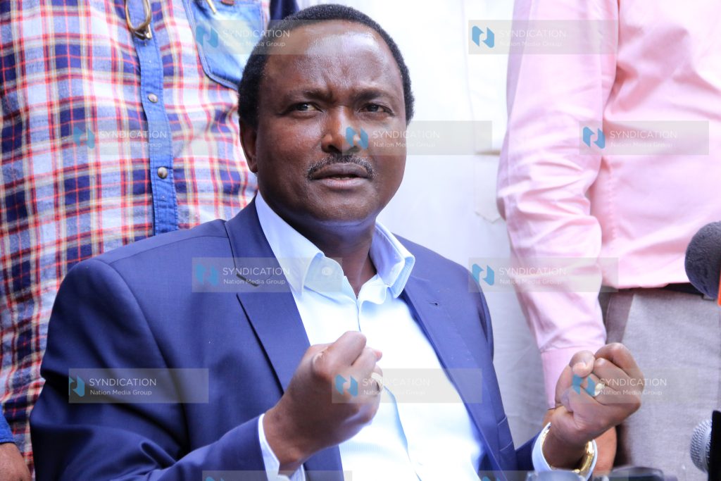 CORD leader Kalonzo Musyoka addressing the media at his offices