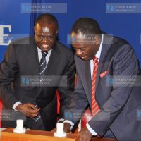Chairman of governors committee Ndiritu Gachagua having a word with Chairman of senatorial committee Kiraitu Murungi