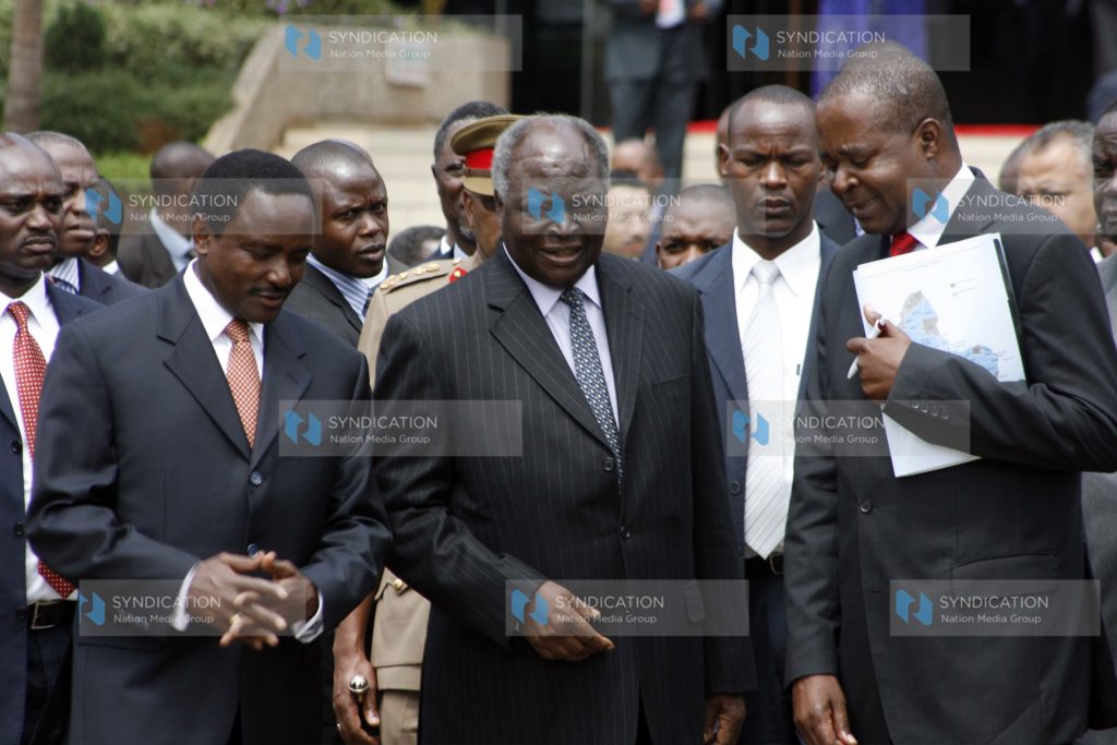 President Mwai Kibaki, Vice President Kalonzo Musyoka and Housing minister Soita Shitanda during the official opening ceremony of the 30th Annual General meeting of shelter Afrique
