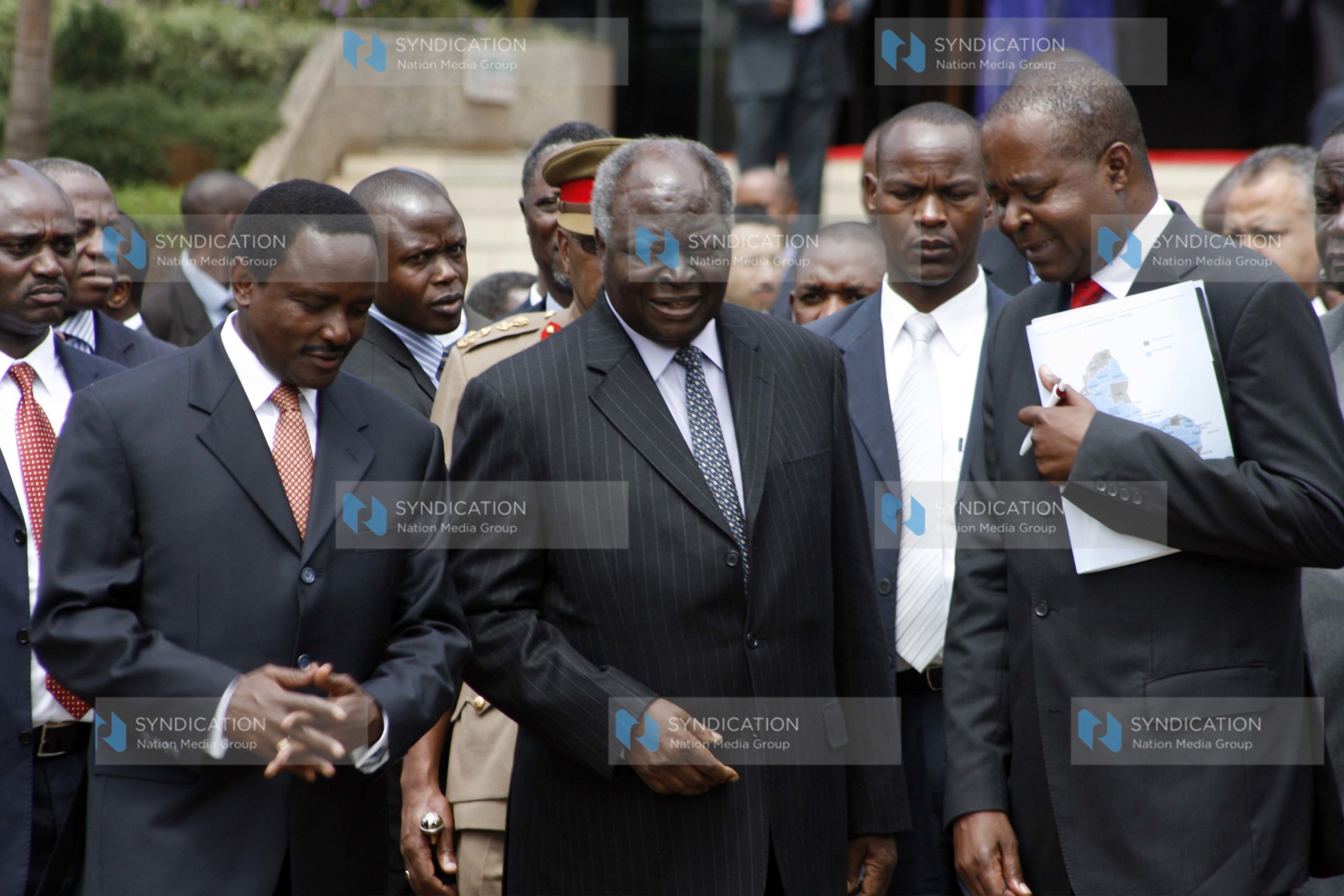 President Mwai Kibaki, Vice President Kalonzo Musyoka and Housing minister Soita Shitanda during the official opening ceremony of the 30th Annual General meeting of shelter Afrique