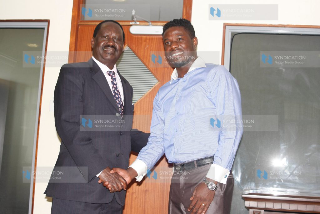 Former Prime Minister Raila Odinga hosts footballer Allan Wanga