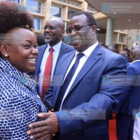 Former Senate Speaker Ekwe Ethuro having a word with Mbita MP Millie Odhiambo