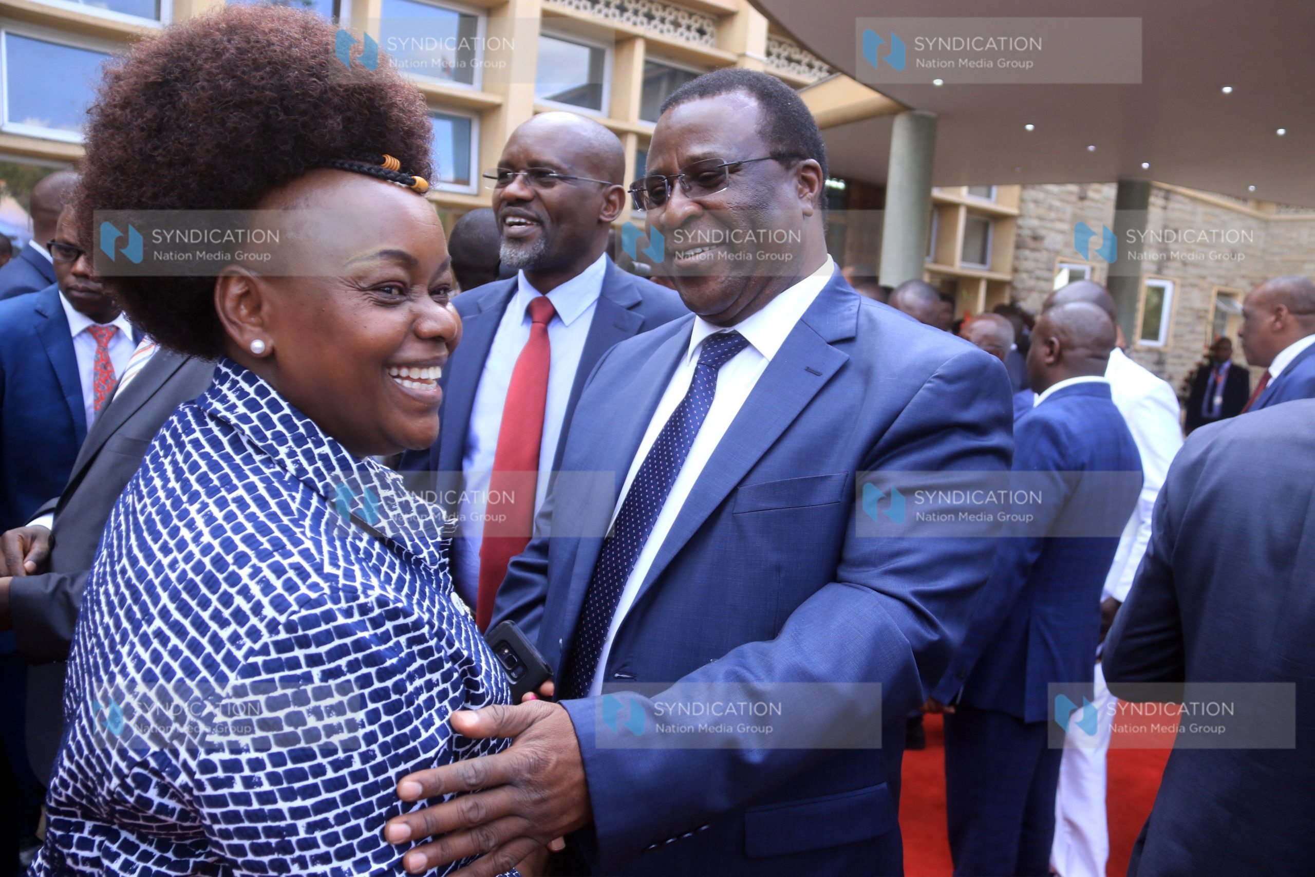 Former Senate Speaker Ekwe Ethuro having a word with Mbita MP Millie Odhiambo