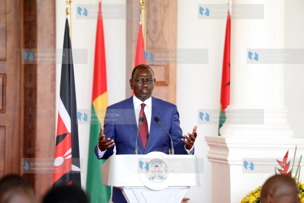 President William Ruto addressing journalists during a state visit by Guinea Bissau President Umaro Sissoco Embaló at State House