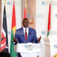 President William Ruto addressing journalists during a state visit by Guinea Bissau President Umaro Sissoco Embaló at State House