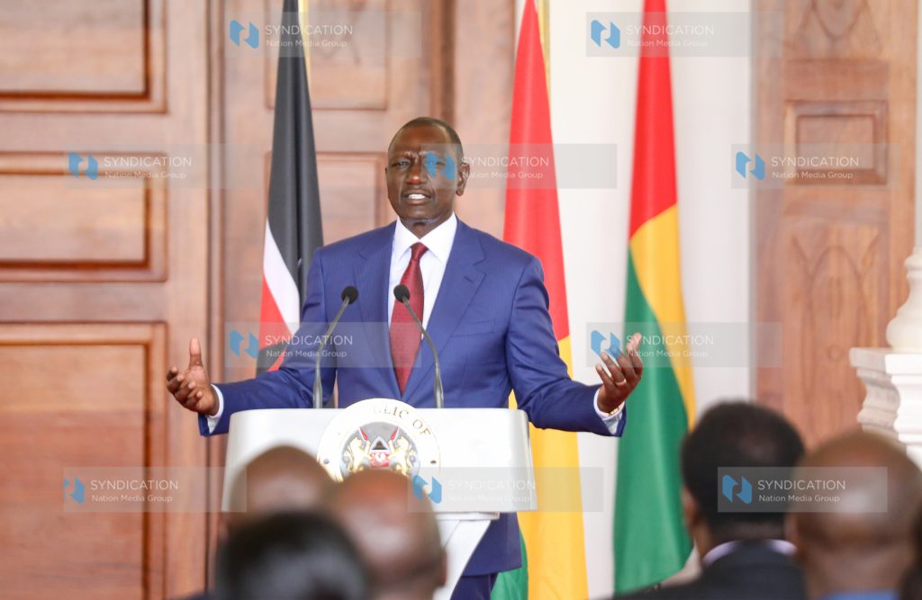 President William Ruto addressing journalists during a state visit by Guinea Bissau President Umaro Sissoco Embaló at State House