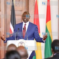 President William Ruto addressing journalists during a state visit by Guinea Bissau President Umaro Sissoco Embaló at State House