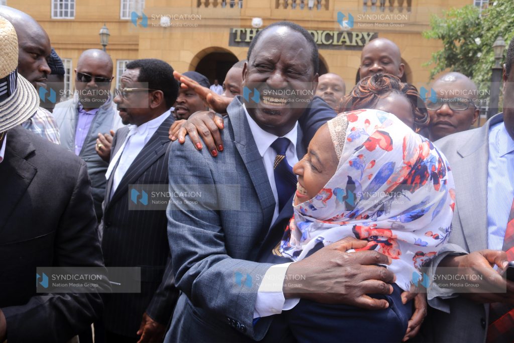 Nasa leaders led by Raila Odinga celebrate with their supporters in the streets of Nairobi