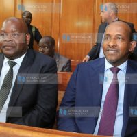 National Assembly majority leader Aden Duale and Tharaka MP George Murugara at the Supreme Court