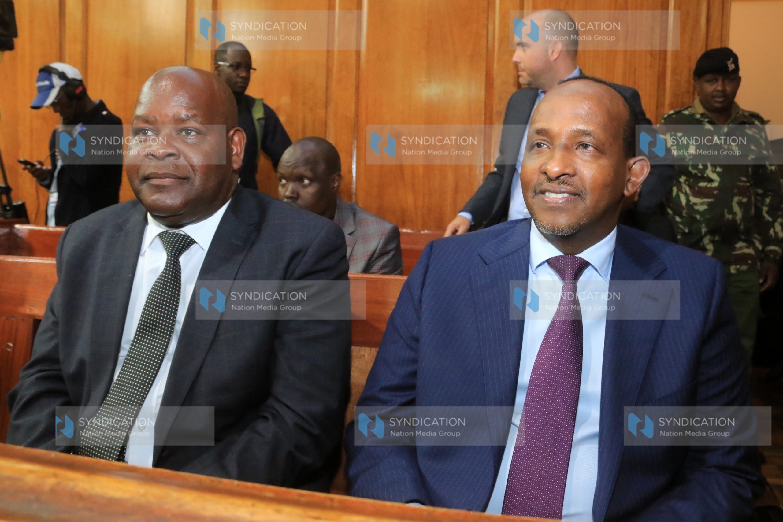National Assembly majority leader Aden Duale and Tharaka MP George Murugara at the Supreme Court