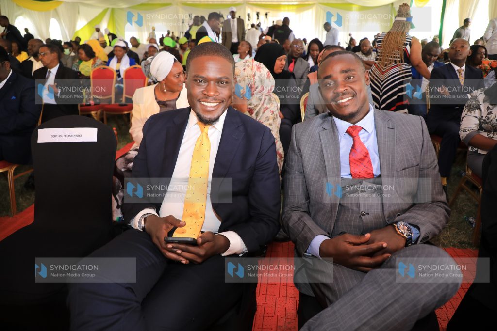 Kenya Kwanza alliance leaders Senators Johnson Sakaja and Cleophas Malala at Ngong Racecourse