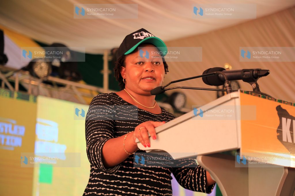 Kirinyaga Governor Anne Waiguru makes her address at the Ngong Racecourse