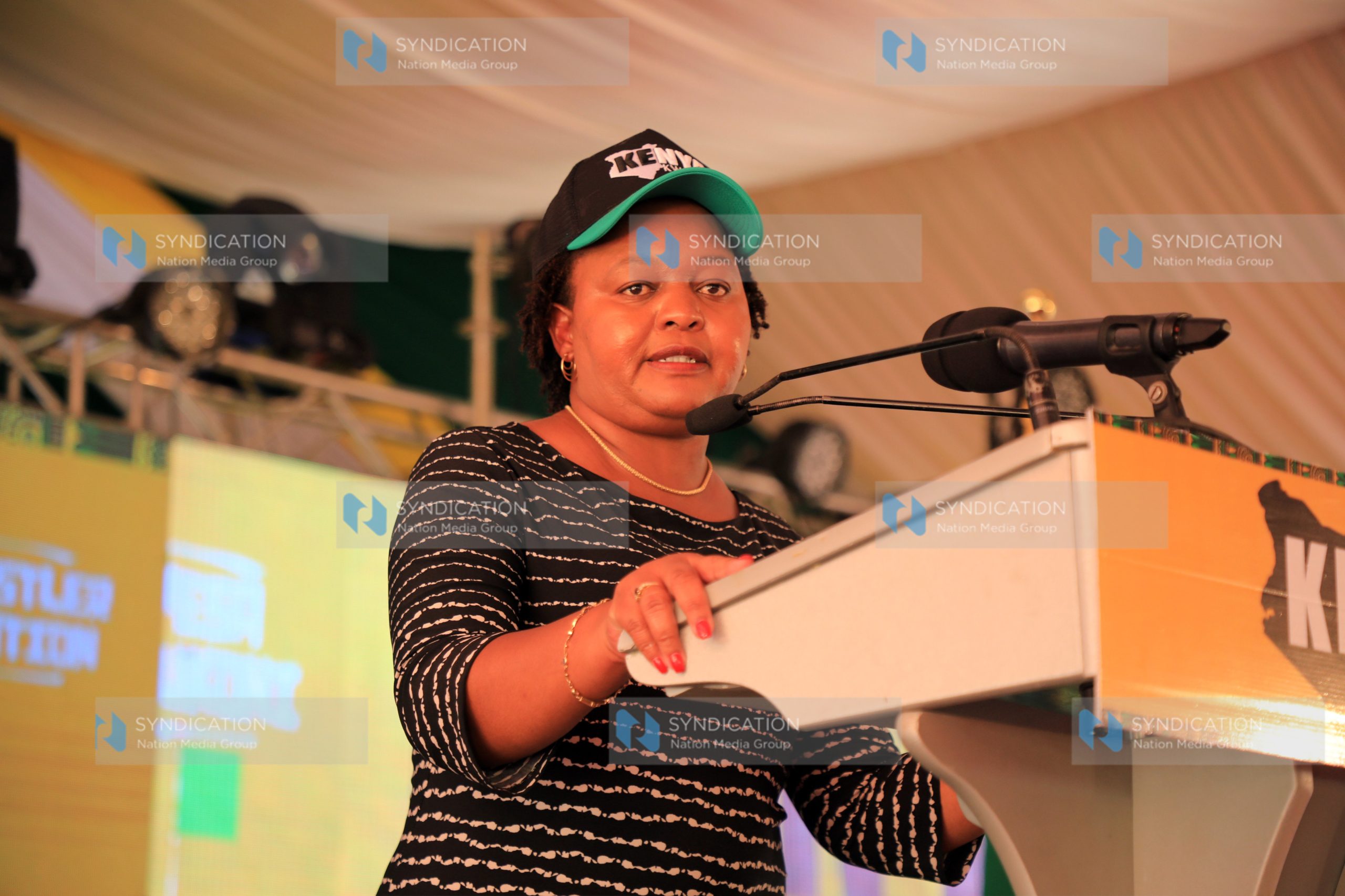 Kirinyaga Governor Anne Waiguru makes her address at the Ngong Racecourse