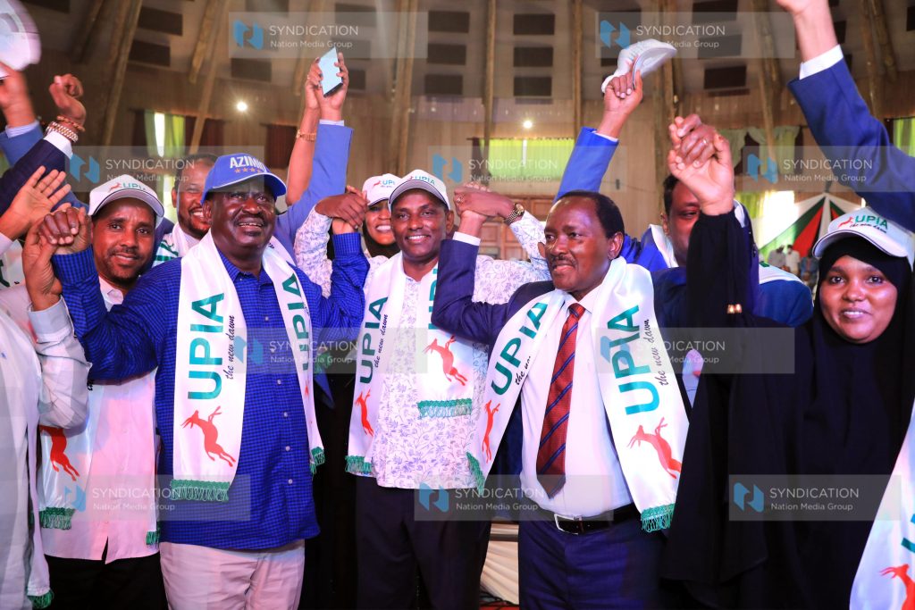 UPIA party leader Ukur Yatani together with Azimio la Umoja presidential candidate Raila Odinga and Wiper party leader Kalonzo Musyoka