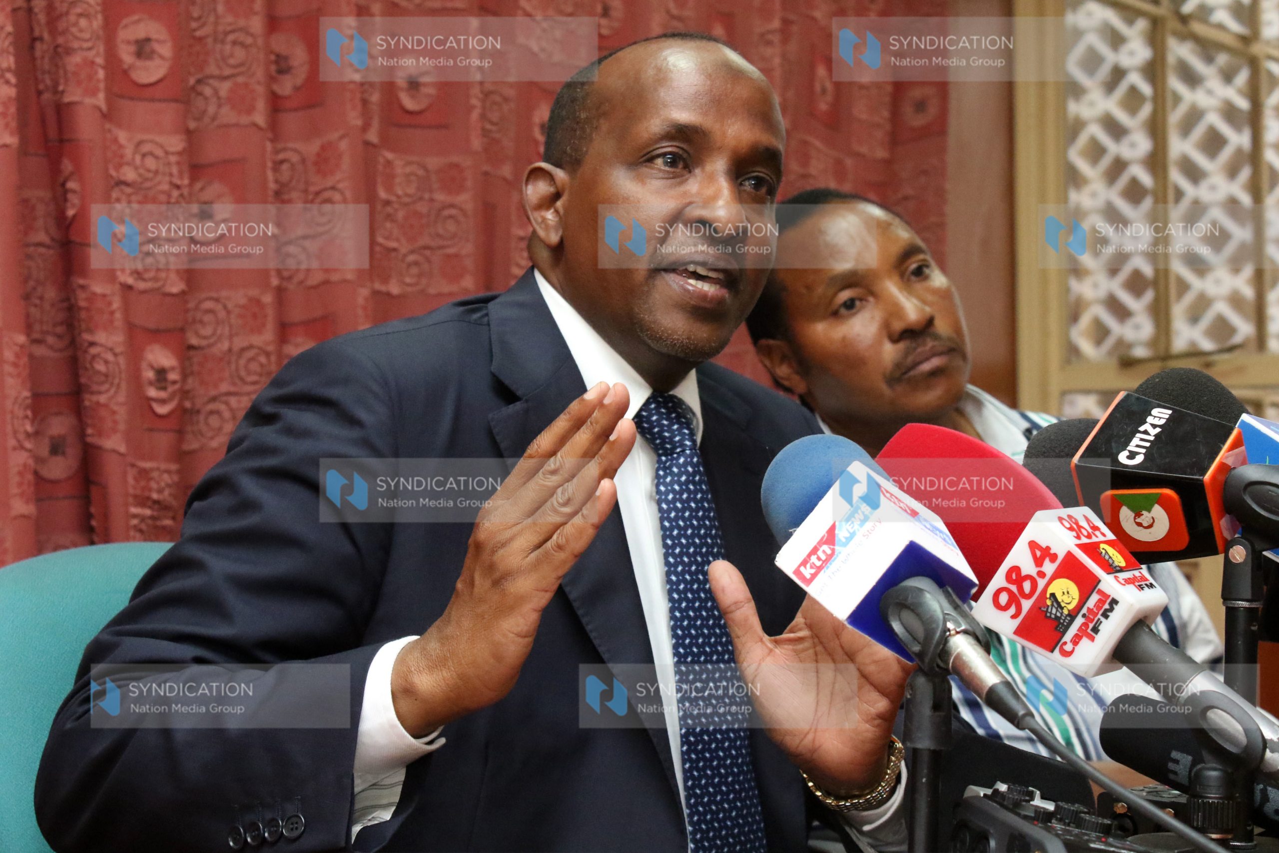 National Assembly Majority Leader Aden Duale, flanked by Kabete MP Ferdinand Waititu