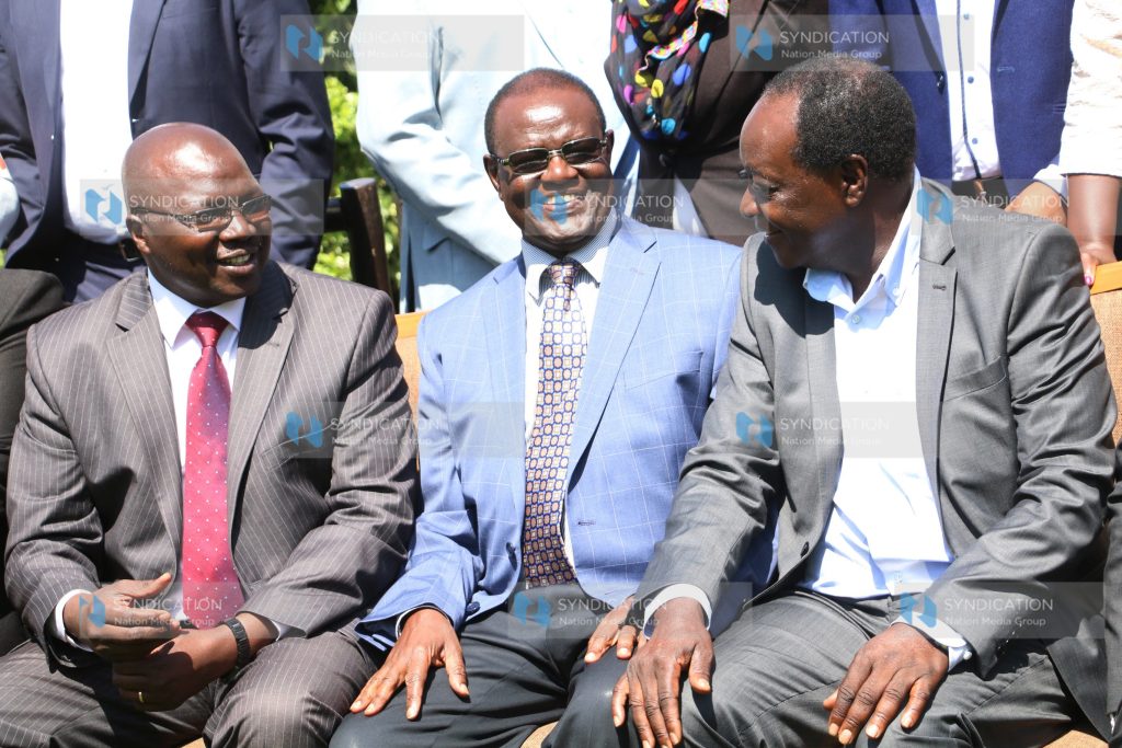 Council of Governors Committee Chairman on Water, Forestry and Mining Kiraitu Murungi, his Deputy Wilber Otichillo and Water CS Simon Chelugui
