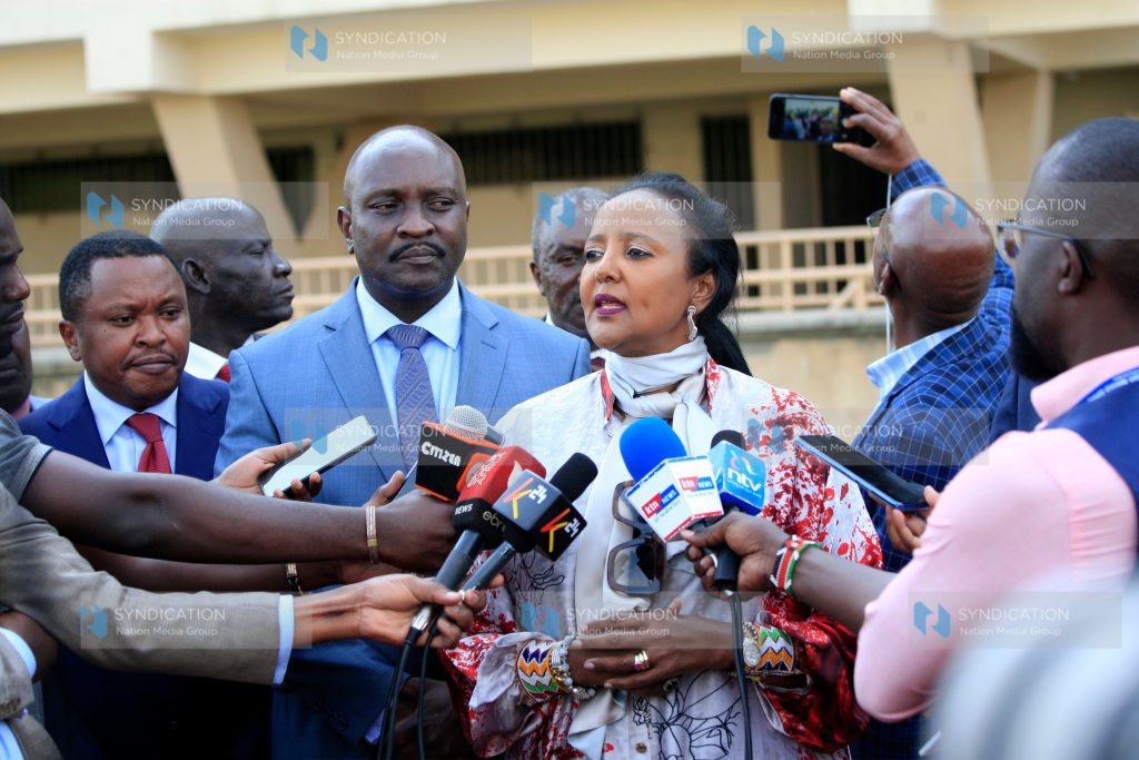 Sports Cabinet Secretary Amina Mohammed with Permanent Secretary Joe Okudo and Sports Kenya Fred Muteti