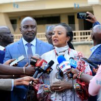 Sports Cabinet Secretary Amina Mohammed with Permanent Secretary Joe Okudo and Sports Kenya Fred Muteti
