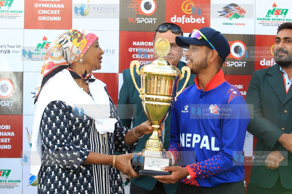 Sports Cabinet Secretary Amina Mohammed handover Bilateral T20 series Trophy to Nepal Captain Sandeep Lamichhane