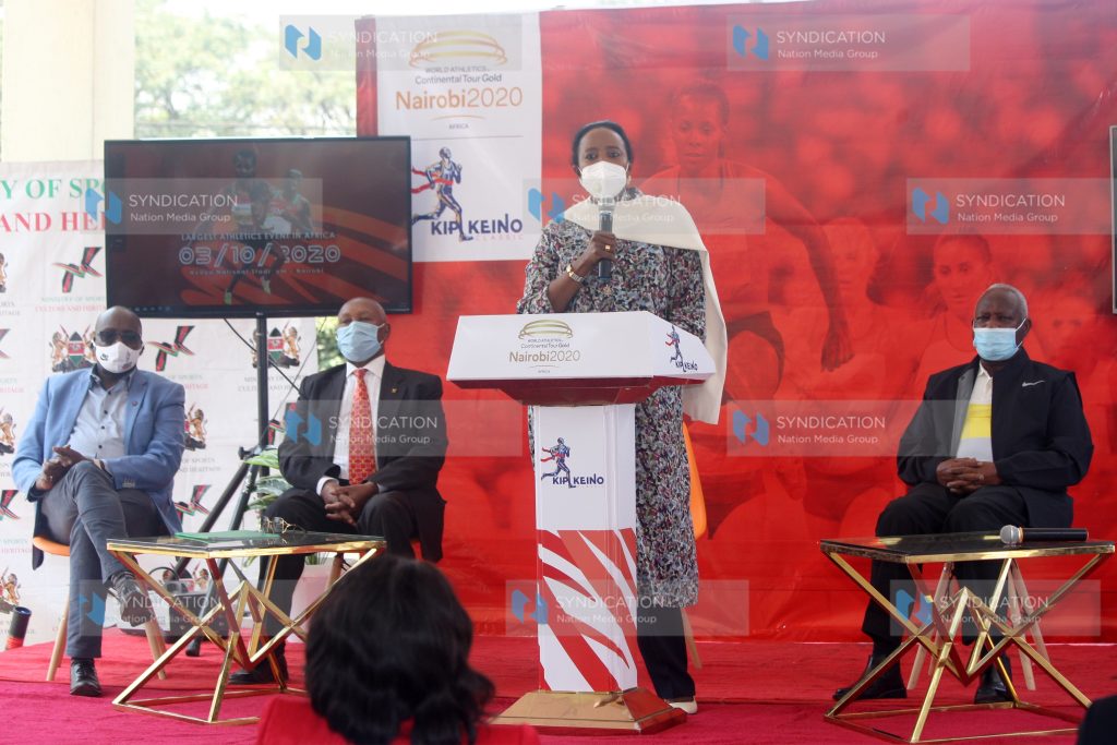 Cabinet Secretary for Sports, Heritage and Culture Amina Mohammed addressing athletes