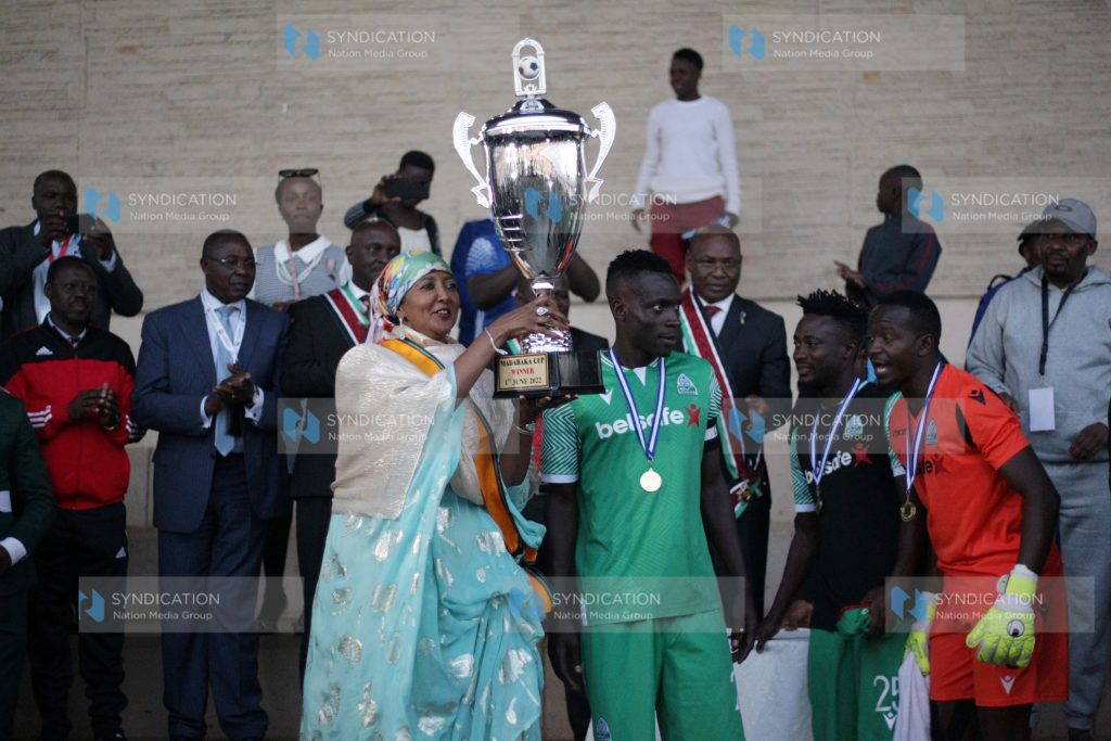 Sports and Culture Cabinet Secretary Amb Amina Mohammed handover Madaraka Day Trophy to Gor Mahia Captain Philemon Otieno