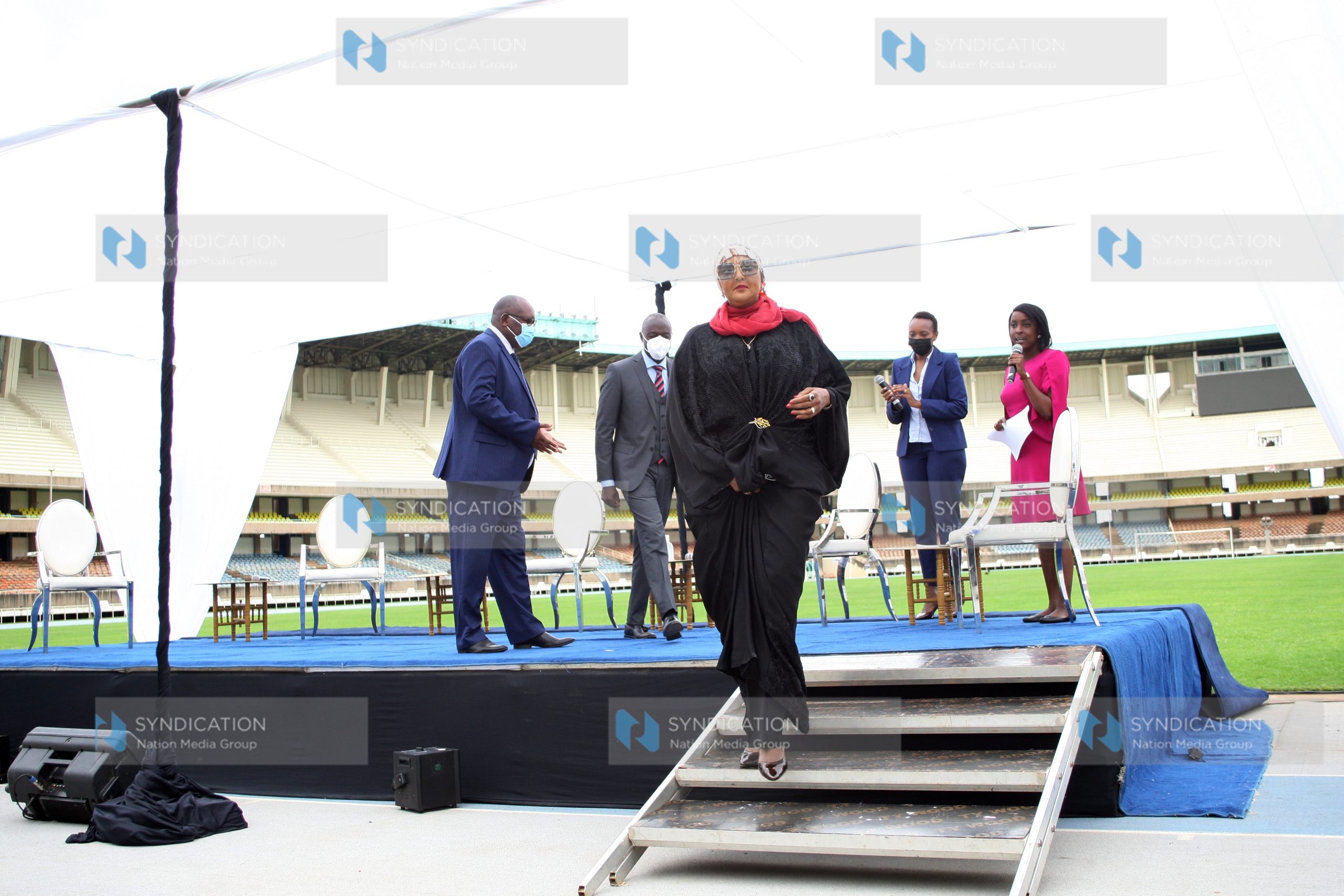 Sports Cabinet Secretary Amina Mohammed, leaves the podium after launching official Media Broadcast for World Under 20 Athletics Championship