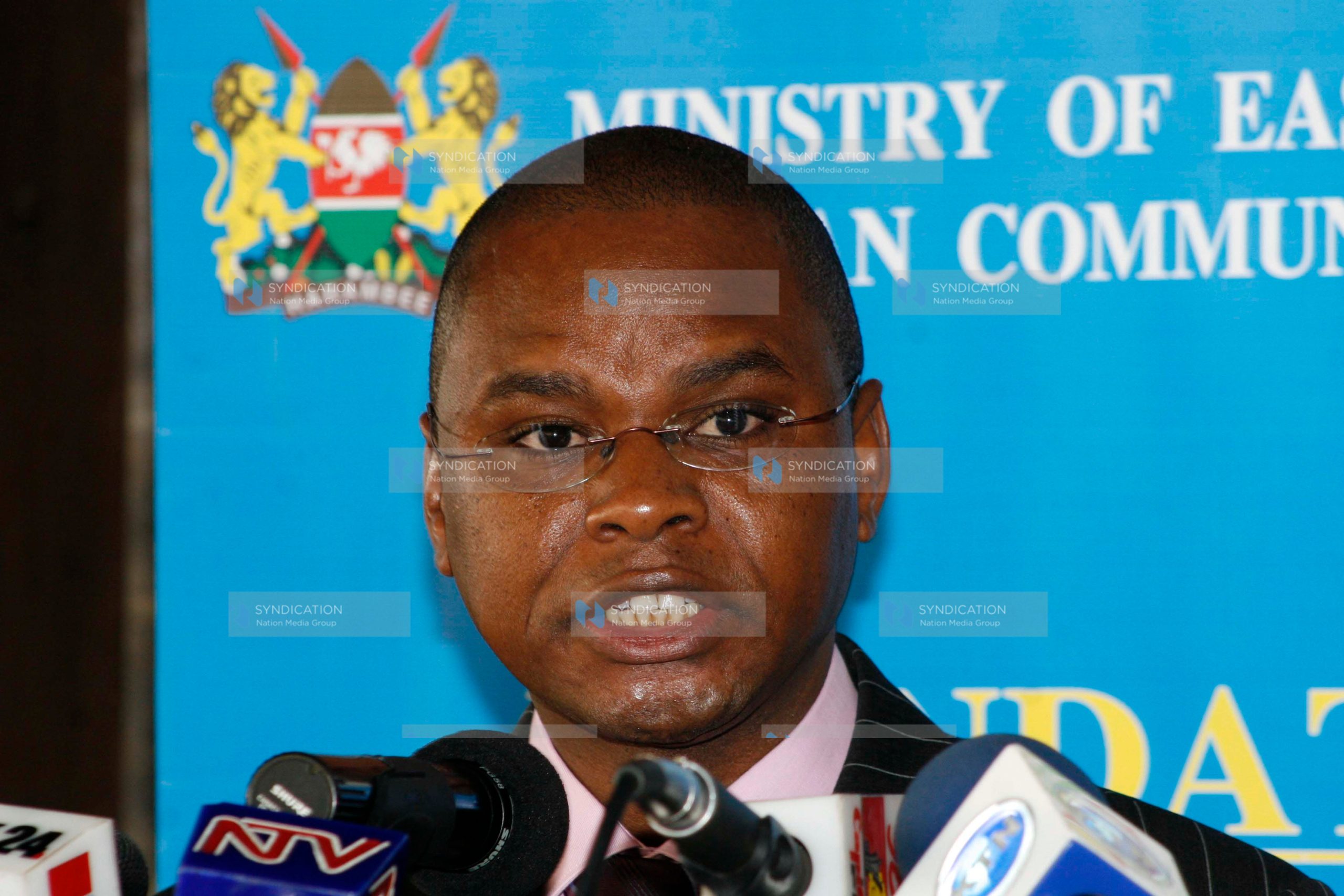 East African Community minister Amason Kingi address the media