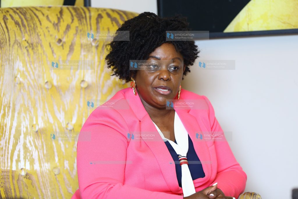 Honorable Millie Grace Akoth Odhiambo Mabona gestures during an interview